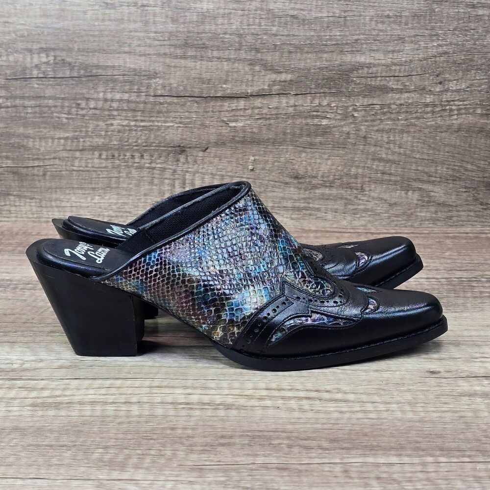 Tony Lama Women's Size 7.5 M Iridescent Snakeskin Black Leather Wingtip Mules